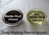 Madder Root Infused Oil Next to Non-infused Oil