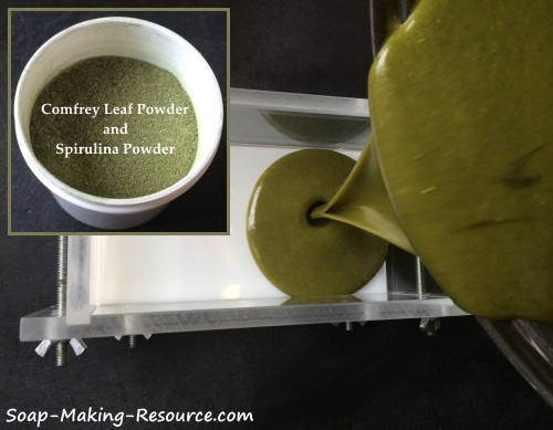 Pouring Comfrey Leaf Powder and Spirulina Powder Soap into Mold Pouring Comfrey Leaf Powder and Spirulina Powder Soap into Mold