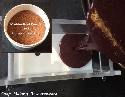 Pouring Madder Root Powder and Moroccan Red Clay Soap into Mold Pouring Madder Root Powder and Moroccan Red Clay Soap into Mold