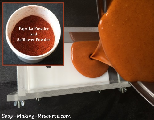 Pouring Paprika Powder and Safflower Powder Soap into Mold